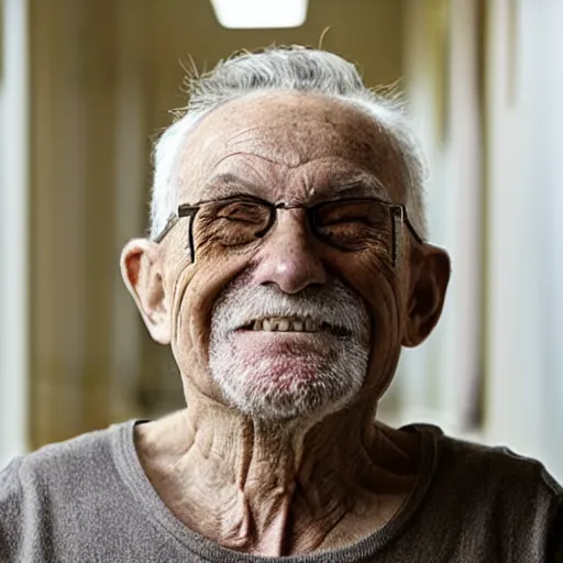 Image similar to an smiling old man camouflaged in a hallway