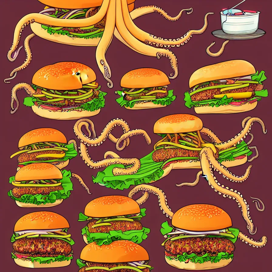 Image similar to ultra detailed anatomic illustration of a giant octopus holding many burgers, tentacles wrapped around burgers, artstation, 8 k