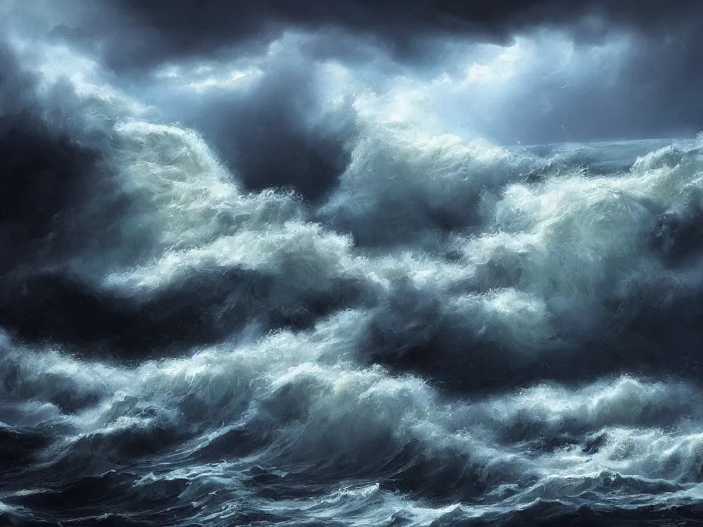 Image similar to a dark storm closes in over the ocean with waves of water crashing down, lightning and rain, digital painting, fantasy, art by alexandre mahboubi and christophe oliver