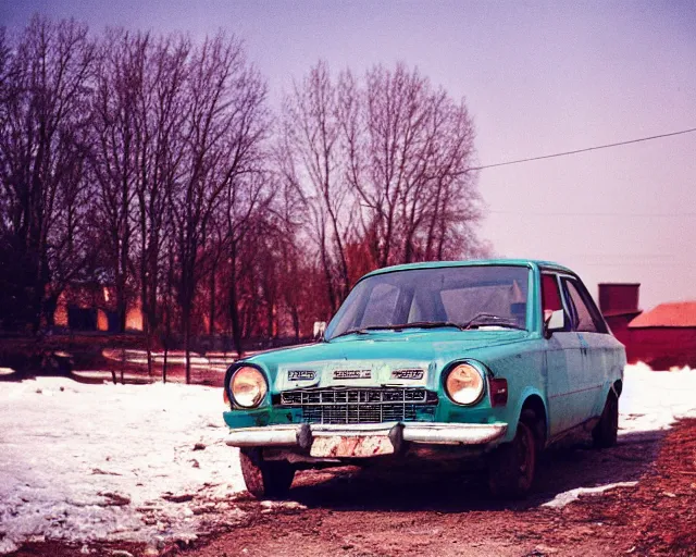 Image similar to a lomographic photo of old lada 2 1 0 7 standing in typical soviet yard in small town, hrushevka on background, cinestill, bokeh