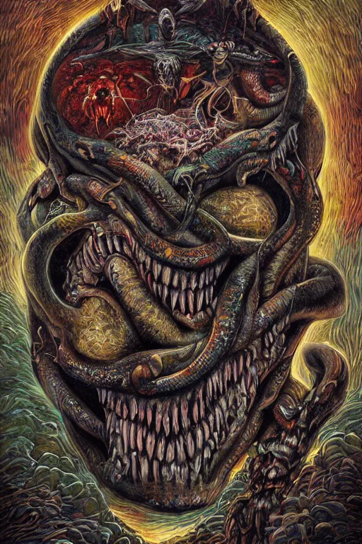Image similar to hyper - detailed high painting of giant heads joined by snakes, the heads are open they have spiked scales and sharp teeth, the mouth is open and monstrous beings of all kinds run and scream, horror surreal art cosmic horror weird bizarre art psycho visions