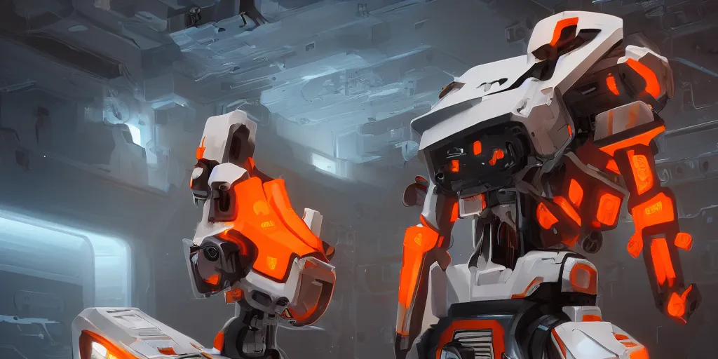 Prompt: parallax white - orange robocowboy in datacenter server room artstation