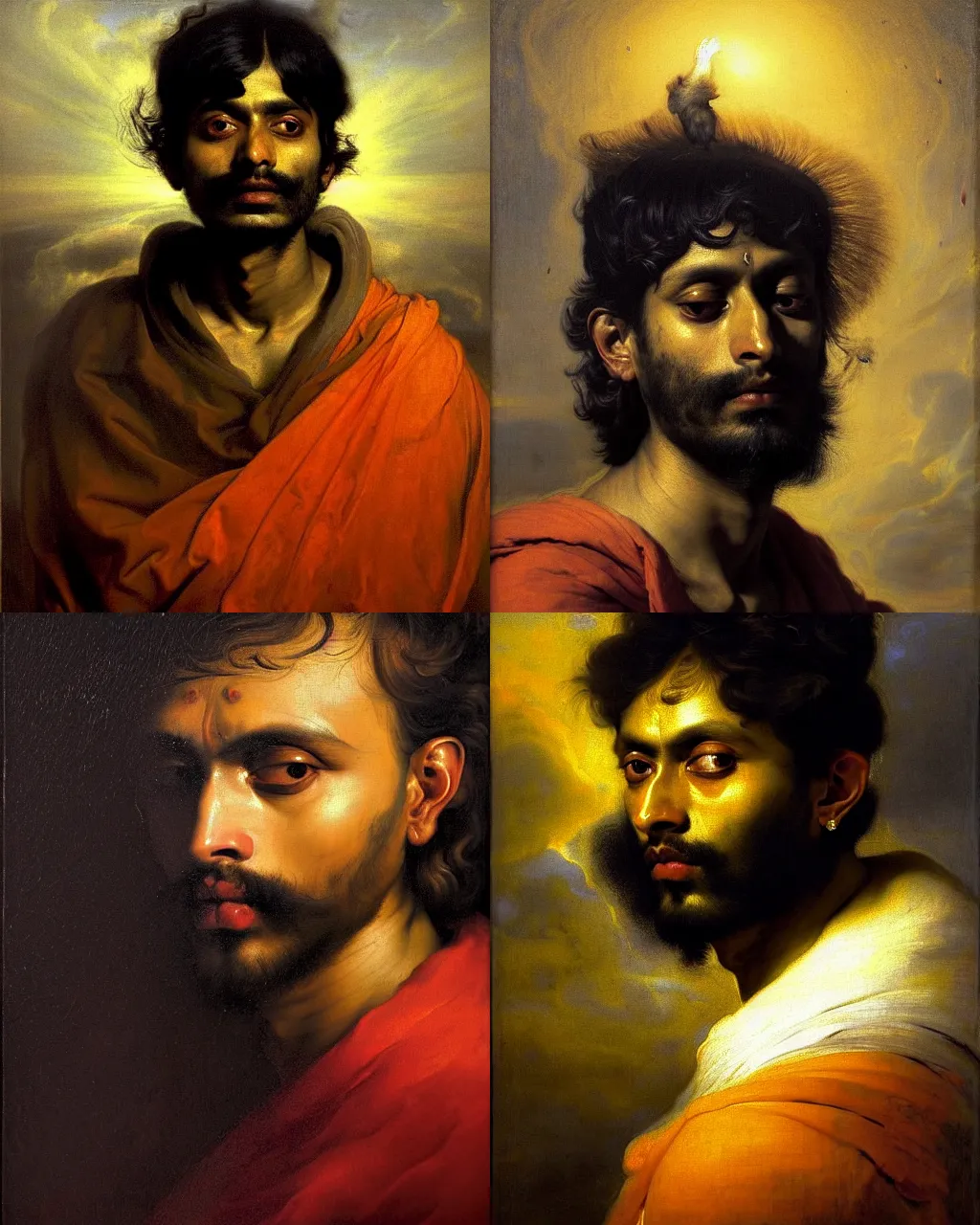 Prompt: a beautiful dramatic flemish portrait of a spaced out indian stoner 2 5 years old boy, by peter paul rubens, by zdzisław beksinski, by anthony van dyck, by greg rutkowski, oil on canvas, baroque color palette, trending on artstation, masterpiece, cold lighting, cold temperature, hyper - detailed, sharp, 8 k