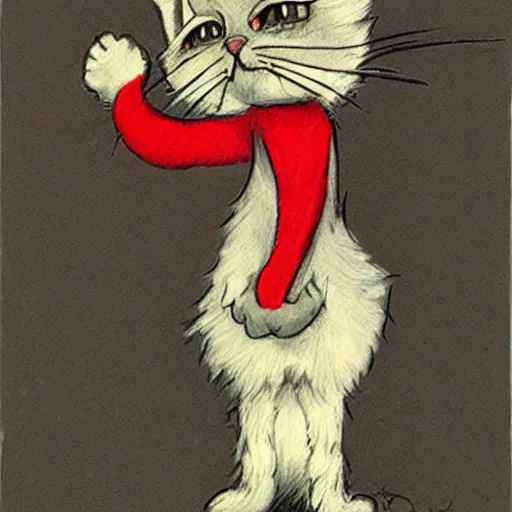 Prompt: person wearing a cat costume, anthropomorphic humanoid cat, extra fluffy Persian tabby cat standing on two feet, drawing by Don Bluth, colored pencil sketch with feathery lines, drawing by Yoshitaka Amano