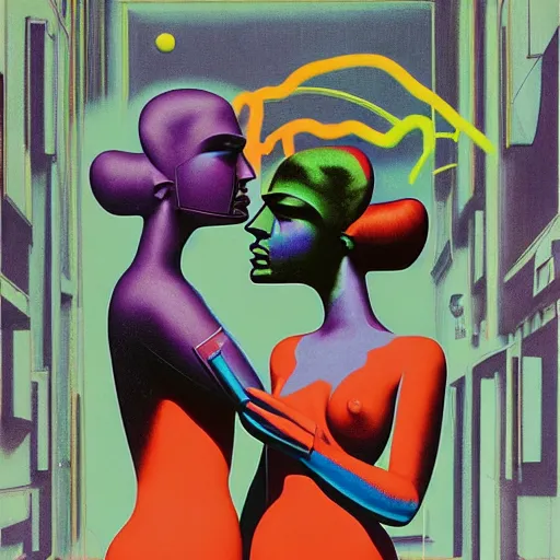 Prompt: portrait of two astro grils in tight latex suit kissing each other by Andy warhol and Petros Afshar and Beeple, Edward Hopper and James Gilleard, Zdzislaw Beksinski, Mark Ryden, Wolfgang Lettl highly detailed