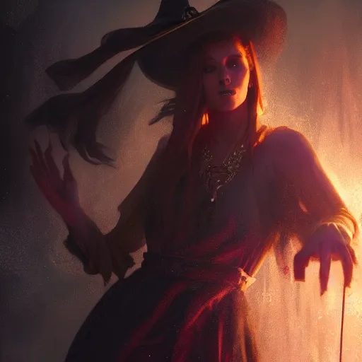 Prompt: Portrait of a gorgeous witch surrounded by magic and energy, sharp, 4k, cinematic lighting, in the style of Greg Rutkowski and James Gurney