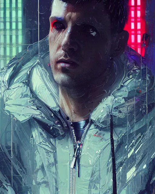 Prompt: detailed portrait blade runner, cyberpunk futuristic neon, reflective puffy coat, decorated with traditional Japanese ornaments by Ismail inceoglu dragan bibin hans thoma greg rutkowski Alexandros Pyromallis Nekro Rene Maritte Illustrated, Perfect face, fine details, realistic shaded, fine-face, pretty face