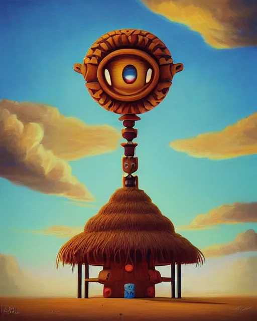 Image similar to a painting of a tribal tiki hut with a totem pole, a surrealist painting by Naoto Hattori, sunset, by Beeple, symmetry, by Makoto Shinkai and Lois van baarle, trending on deviantart, pop surrealism, lowbrow,, whimsical