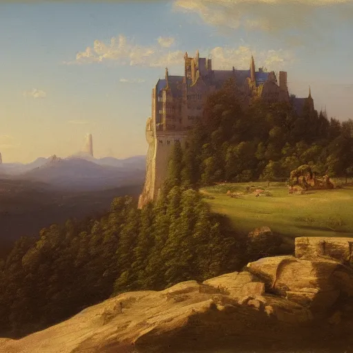 Image similar to a painting of a castle on top of a mountain, a matte painting by Charles Cundall,hudson river school, matte painting, rococo, detailed painting