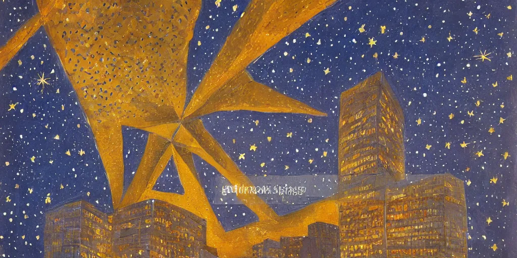 Image similar to stary night painting, norman foster tower, house, city