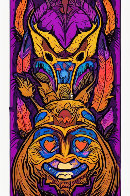 Image similar to animal mask totem roots flower tribal feather gemstone plant wood rock shaman vodoo video game vector cutout illustration vivid multicolor borderlands comics by josan gonzales and dan mumford radiating a glowing aura