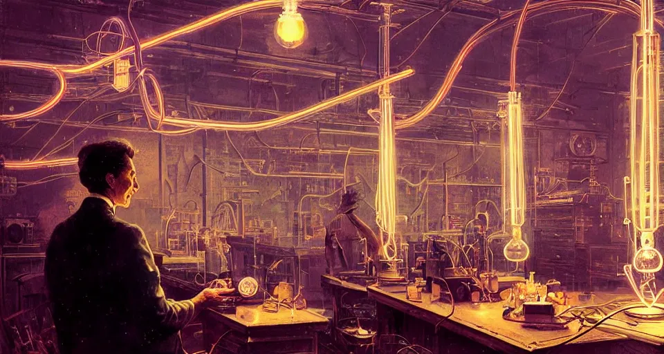 Prompt: nikolai tesla in his lab, electrical arcs, magical sparks, large glowing light bulbs, neon glow, highly detailed, digital art, intricate, dramatic lighting, retro futuristic, neon colors, cinematic, art by norman rockwell, greg rutkowski, james gurney, artgerm