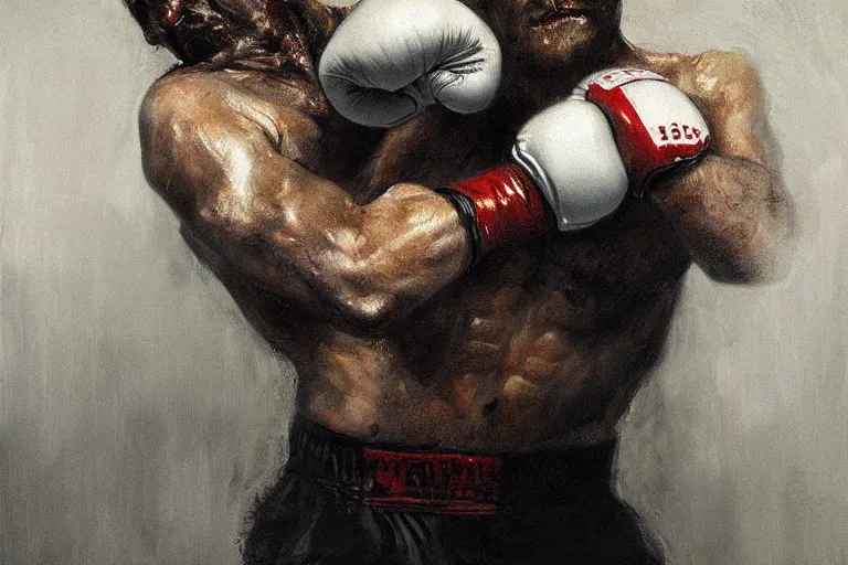 Image similar to portrait, realistic painting image about a boxer has a electric boxing gloves, versus a ghoul. dramatic scene, horror, dramatic lighting realism, created by gustave courbet and michaelangelo, trending in artstation, fine art, smooth draw with oil painting.