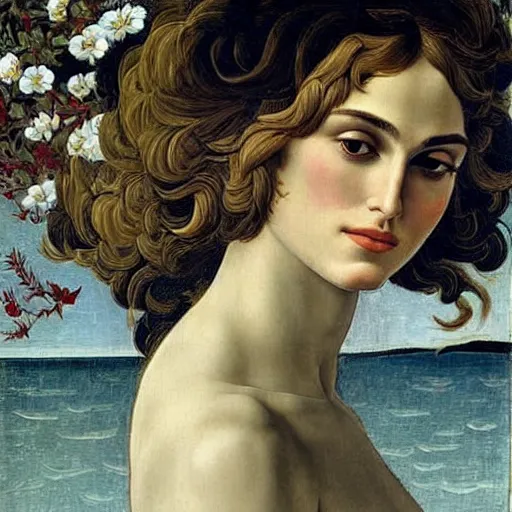 Prompt: Portrait of Keira Knightley as Venus in the painting The Birth of Venus, by the Italian artist Sandro Botticelli, Tempera on canvas