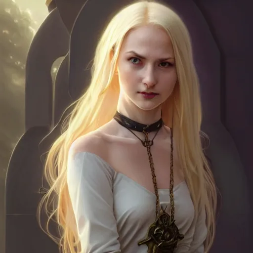Image similar to Portrait of seductive female priest, D&D, revealing stylish dress, choker on neck, long blonde hair, mouth slightly open, slight nerdy smile, fantasy, intricate, elegant, highly detailed, digital painting, artstation, concept art, smooth, sharp focus, illustration, art by artgerm and greg rutkowski and alphonse mucha
