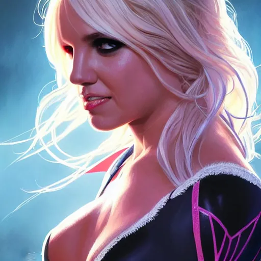 Prompt: beautiful britney spears as spider - gwen, western, closeup, d & d, fantasy, intricate, elegant, highly detailed, digital painting, artstation, concept art, matte, sharp focus, illustration, art by artgerm and greg rutkowski and alphonse mucha