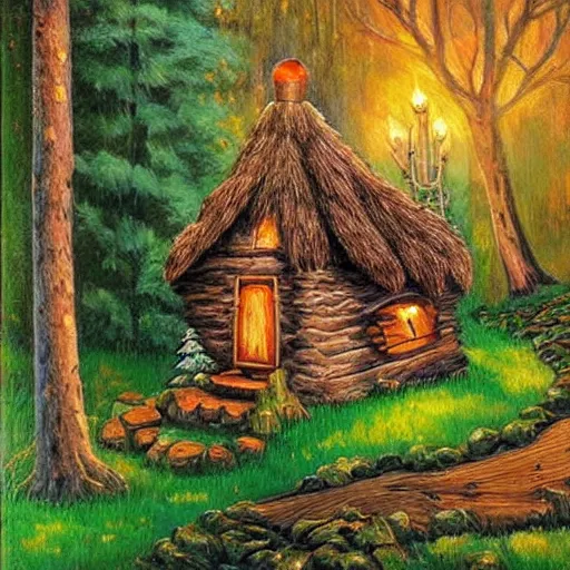 Image similar to elf magical forest wood cabin with a chimney, oil painting