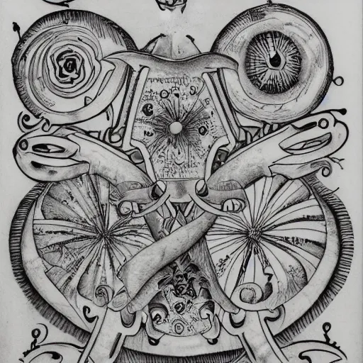 Image similar to Voynich manuscript complete tattoo drawing. detailed. edge to edge