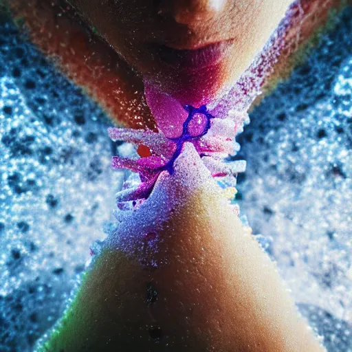 Image similar to closeup of beautiful multiracial human bodies intertwined, bodies blooming, 3 d fractals, mandelbulb, dripping wet, skin, macro photography, anamorphic bokeh, long exposure, highly detailed, hyperrealism, cinematic