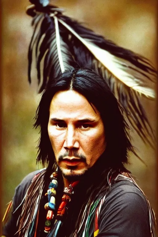 Image similar to Photo of Native American indian man Keanu Reeves, portrait, skilled warrior of the Apache, ancient, realistic, detailed, Keanu Reeves