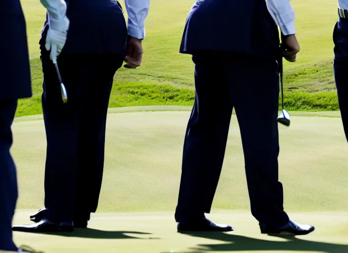 Prompt: front view of a single Donald Trump wearing handcuffs escorted by two young FBI agents wearing uniforms at golf course, photo by Alex Webb, press photo, Reuters media