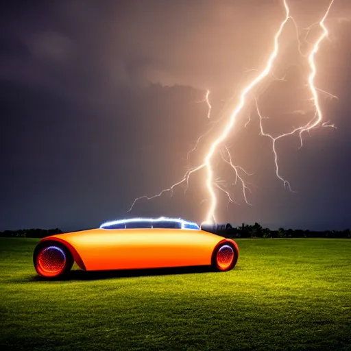 Image similar to futuristic flying car emerging from a circle of lightning in the sky, thunderstorm at night, 28mm dramatic photo