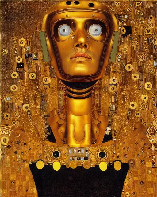 Image similar to Golden Portrait of a Robot from queen by Gustav Klimt, cyberpunk noir, baroque elements, intricate artwork by caravaggio, aesthetic, intricate, highly detailed, masterpiece