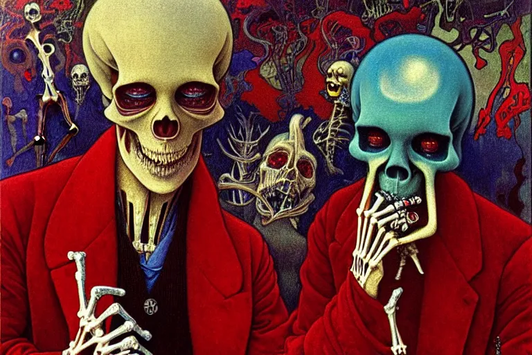 Prompt: realistic detailed closeup portrait painting of a single skeleton smoking wearing red velvet blazer in a crowded futuristic moscow street by Jean Delville, Amano, Yves Tanguy, Alphonse Mucha, Ernst Haeckel, Edward Robert Hughes, Roger Dean, rich moody colours, blue eyes