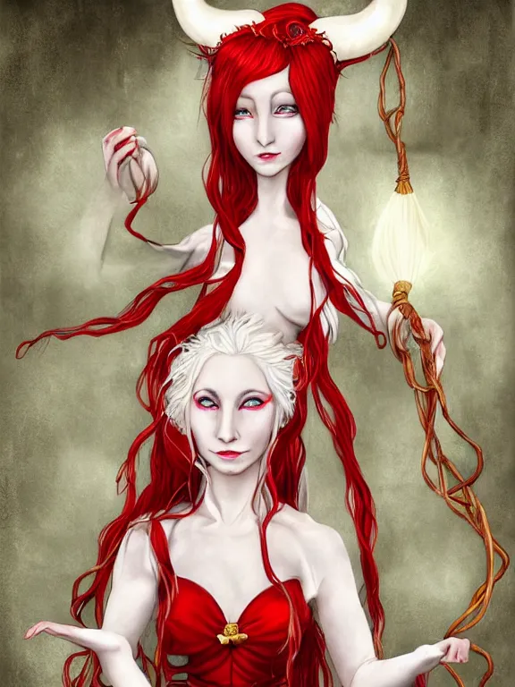 Image similar to hyper-realistic illustration of a gorgeous!!! woman with long white hair, pale skin, devilish horns, red eyes | wearing a white and red kimono & large rope tied around her wait with two giant bells at the ends | holding an old, tattered, beat up book | casting a magical spell | surrounded by Will-o'-the-wisp, spirits | cyberpunk, grunge, android, geisha, elf | digital painting, artstation, concept art, character design, sharp focus, illustration, highly detailed, smooth | drawn by WLOP, drawn by sakamichan, drawn by ross tran, drawn by peter kemp, drawn by hikari shimoda, drawn by Dao Trong Le, drawn by Alex Flores | fantasy, dungeons and dragons, dark, evil