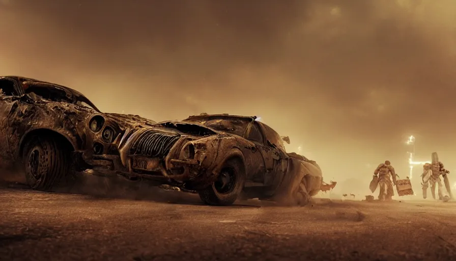 Image similar to destroyed brussels in mad max, race in the streets, sandstorm, lightning, hyperdetailed, artstation, cgsociety, 8 k