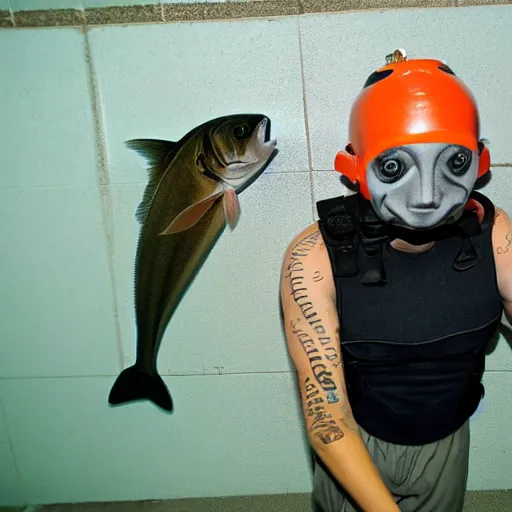 Image similar to inmate with fish head scuba diving in a jail cell