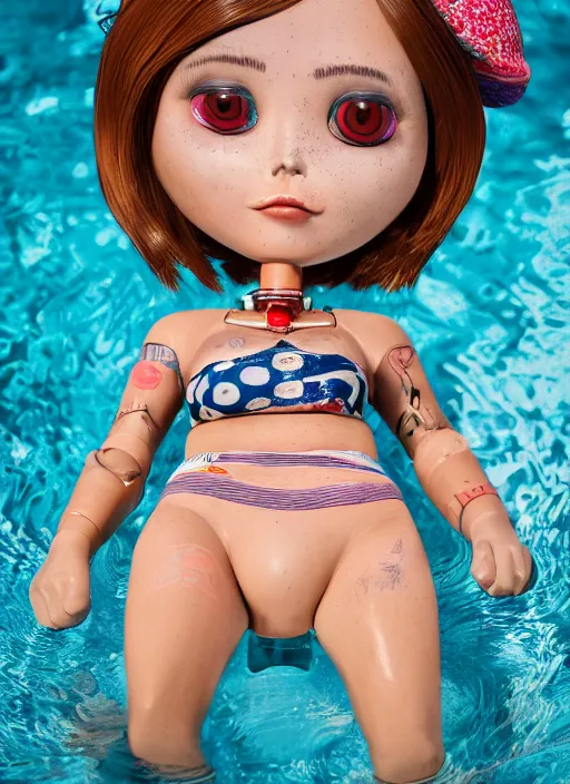 Prompt: closeup portrait of tin toy eskomo bikini swim champ girl trap, depth of field, zeiss lens, detailed, symmetrical, centered, fashion photoshoot, by nicoletta ceccoli, mark ryden, lostfish, breathtaking, 8 k resolution, extremely detailed, beautiful, establishing shot, artistic, hyperrealistic, octane render