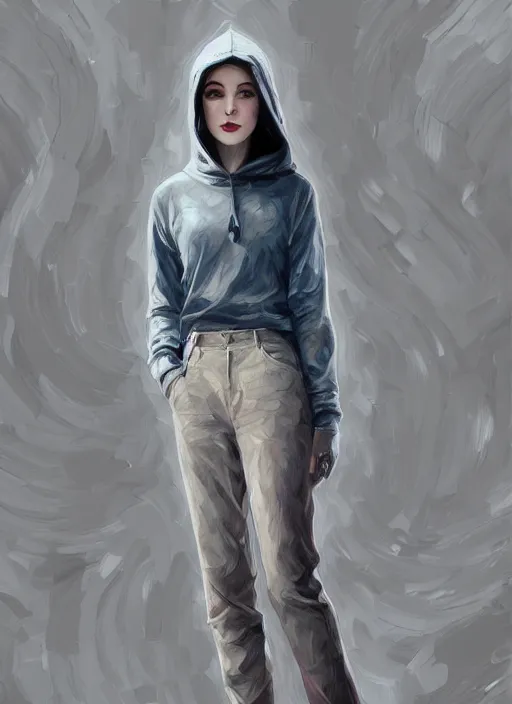 Prompt: vivien leigh, gray hoodie, jeans, half body shot, path traced, highly detailed, high quality, digital painting, alena aenami, leonid afremov, lilia alvarado, shinji aramaki, karol bak, alphonse mucha, tom bagshaw