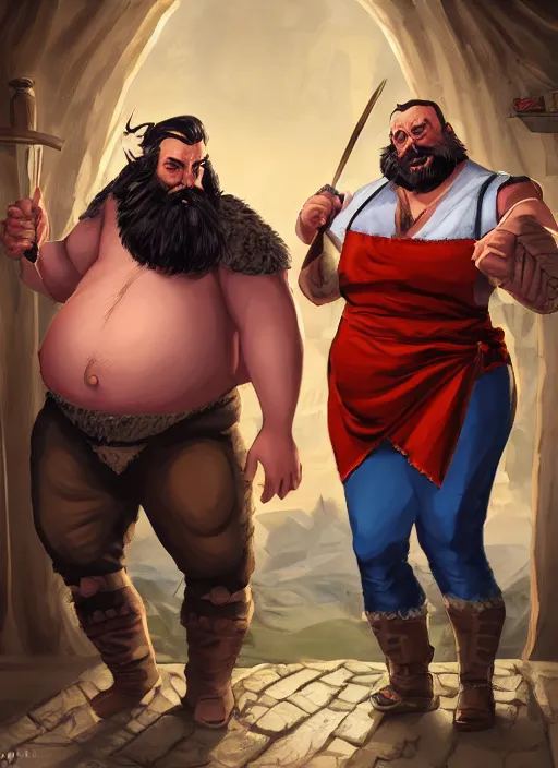 Image similar to an epic fantasy comic book style portrait painting of a hearty man with a big belly and thick beard and large woman who are a couple in a tavern with them both wearing aprons, unreal 5, daz, hyperrealistic, octane render, cosplay, rpg portrait, dynamic lighting