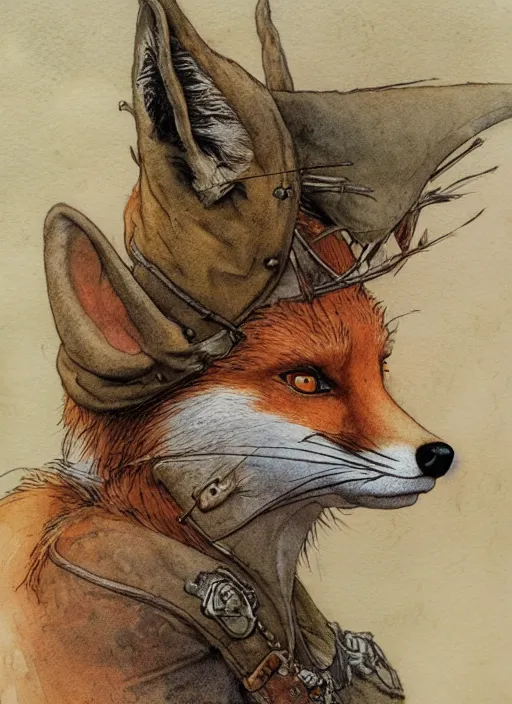 Image similar to portrait of a fox - faced ranger, dnd, gwelf, highly detailed, perfect lighting, watercolor and ink illustration, muted colors. perfect composition, 4 k, by brian froud, larry macdougall, jean - baptiste monge,