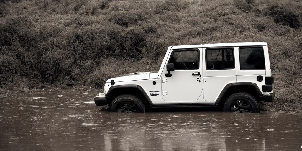 Prompt: noisy color photograph of a 1997 hardtop white Jeep Wrangler drowning in quicksand, dirty swamp, gritty, Venom liquid, cinematic, soft vintage glow