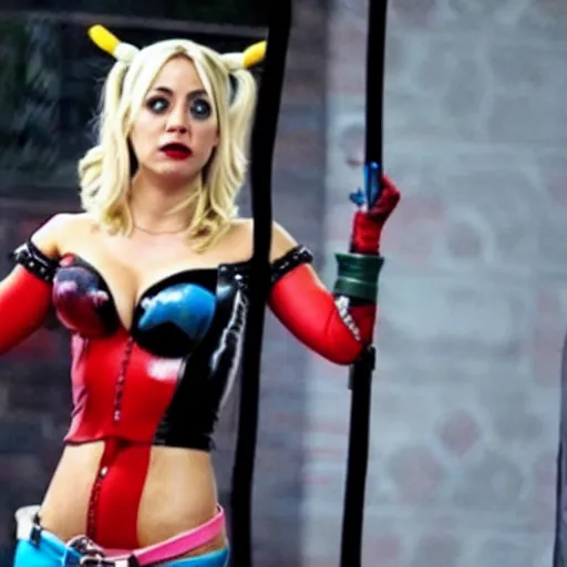 Image similar to A still of Kaley Cuoco as Harley Quinn, full-figure