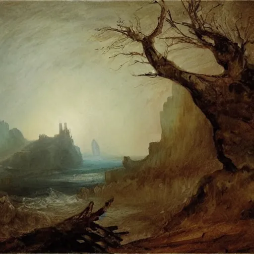 Prompt: a castle on rocks seen from afar, dead trees on both side of the image, dark themed, knife painting in the style of william turner