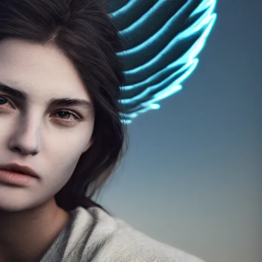 Image similar to portrait art of female angel, art by alessio albi 8 k ultra realistic, angel wings, lens flare, atmosphere, glow, detailed, intricate, full of colour, led lighting, trending on artstation, 4 k, hyperrealistic, 3 5 mm, focused, extreme details, unreal engine 5, masterpiece