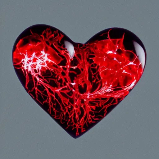 Image similar to crystaline heart filled with blood veins and fire