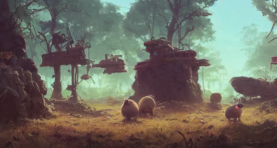 Image similar to a realistic cute guineapigs everywhere, by simon stalenhag, frank frazetta, greg rutkowski, beeple, yoko taro, christian macnevin, beeple, epic fantasy character art, volumetric outdoor lighting, midday, high fantasy, cgsociety, cheerful colours, full length, exquisite detail, post - processing, masterpiece, cinematic