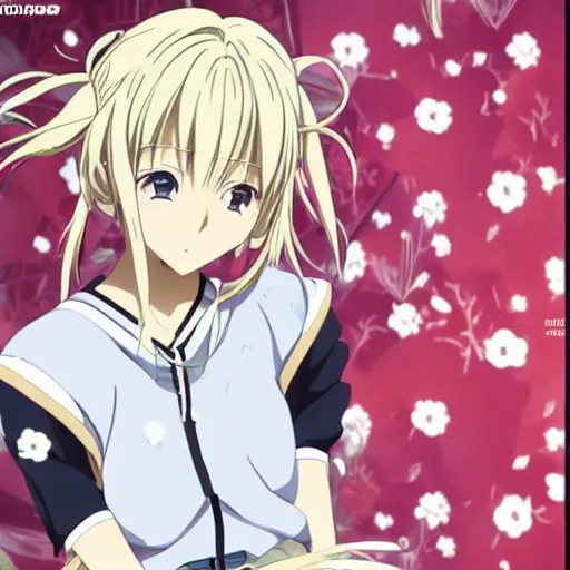 Image similar to key anime visual of a tsundere with blonde hair and twintails; official media