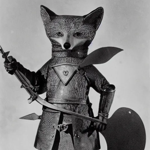 Image similar to anthropomorphic fox who is a medieval knight holding a sword towards a stormy thundercloud, 1930s film still