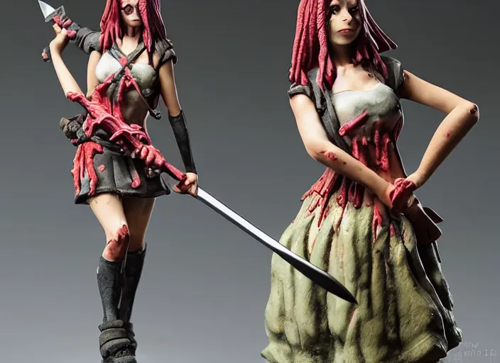 Image similar to an ominous femo figurine of a cute funny spear wielding strawberry fairy survivalist with bandages wearing a dirty floral torn dress featured on left 4 dead by studio ghibly and gamesworkshop, carrying survival gear in a large strawberry backpack, using a modelling knife as a spear, dark and moody atmosphere, hiding from fairy zombies, 🎀 🗡 🍓 🧚