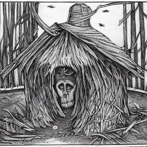 Prompt: It's a hut in the forest. It is standing on chicken legs. The only way to enter the house is to say a spell that makes it turn towards you and away from the forest. I am baba yaga, an enigmatic spirit of the forest