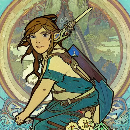 Prompt: a painting of The Legend of Zelda: Breath of the wild by mucha