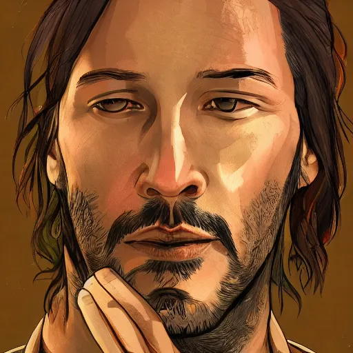 Image similar to keanu reevez in the art style of disco elysium