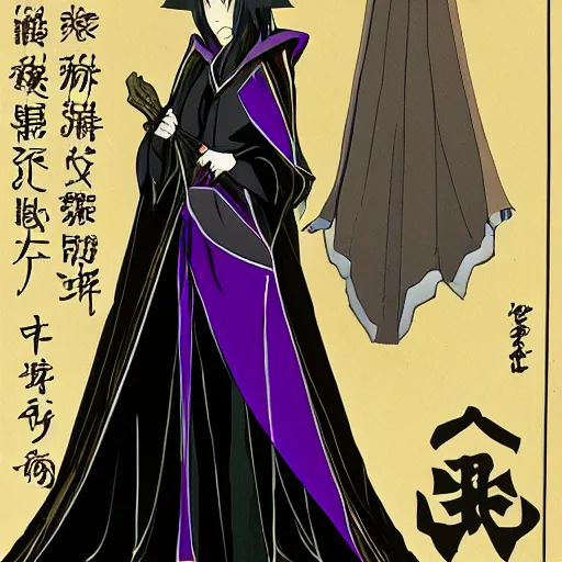 Image similar to an attractive anime female necromancer mage symmetrical, donned in black cloak with purple staff full body in frame