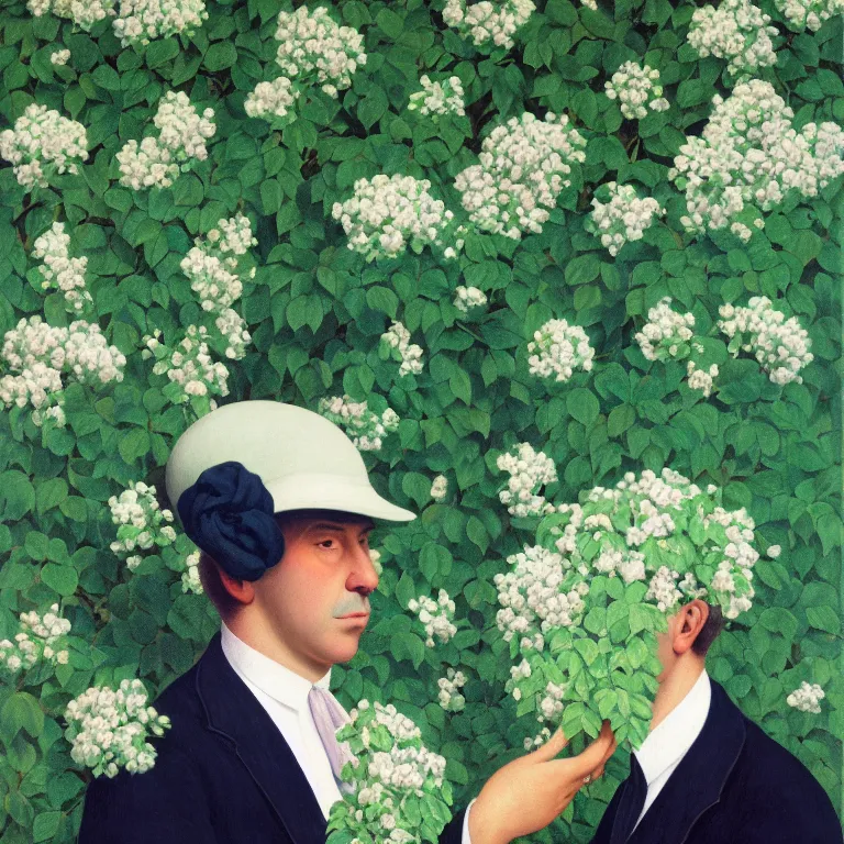 Image similar to portrait of a man, face hidden by beautiful flowers, by rene magritte, detailed painting, hd, hq, high resolution, high detail, 4 k, 8 k