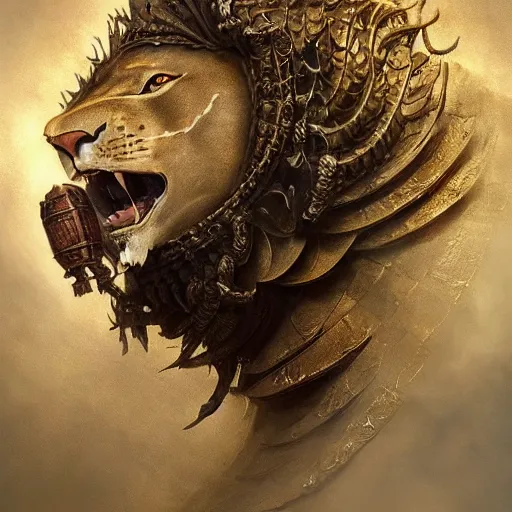 Prompt: a beautiful detailed 3 d matte portrait of a armored lion, by ellen jewett, by tomasz alen kopera, by justin gerard, ominous, magical realism, texture, intricate, skull, skeleton, gold coins, money, whirling smoke, radiant colors, fantasy, volumetric lighting, high details